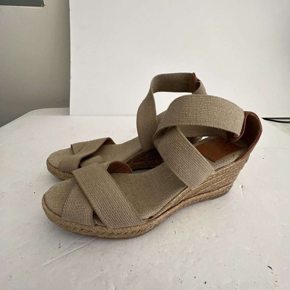 TORY BURCH Khaki Gold Canvas Espadrille Criss Cross Strappy Wedge Heels SZ 7.5